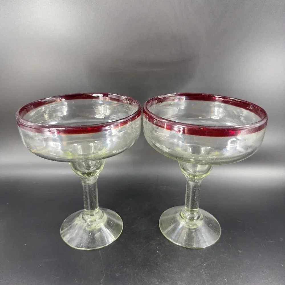 Hand Blown Clear Margarita Drinking Glasses Set 2 With Red Edges Hand Made Glass